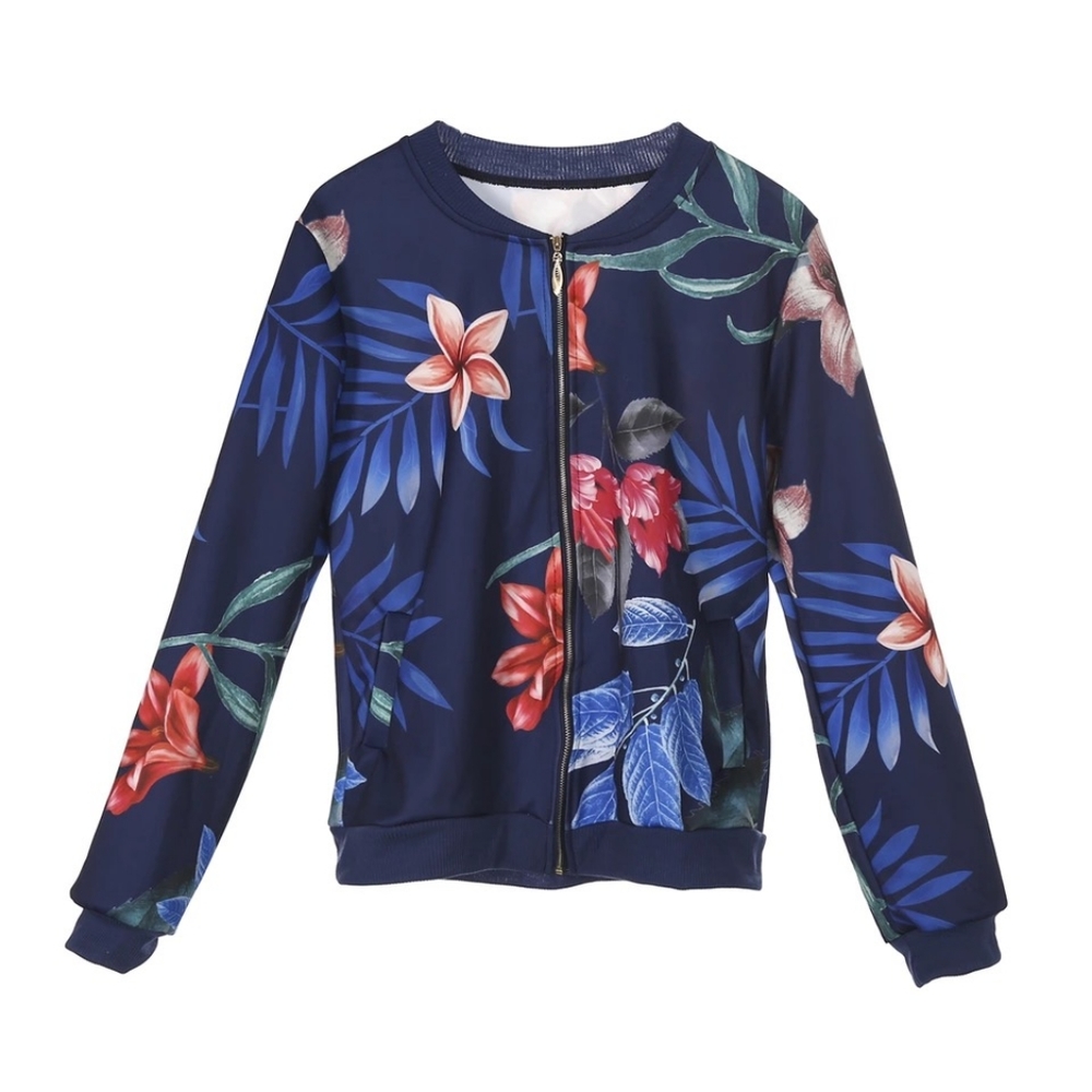 Women Retro Floral Zipper Up Jacket